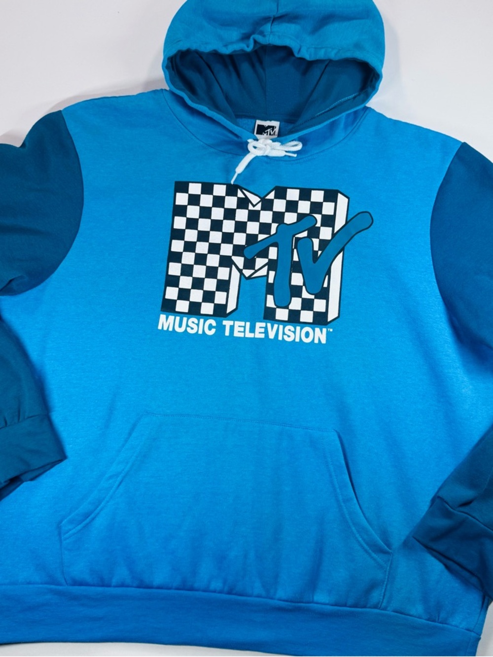 MTV Checkerboard Logo Hoodie Blue Colorblock Drawstring Hooded Sweatshirt XXL